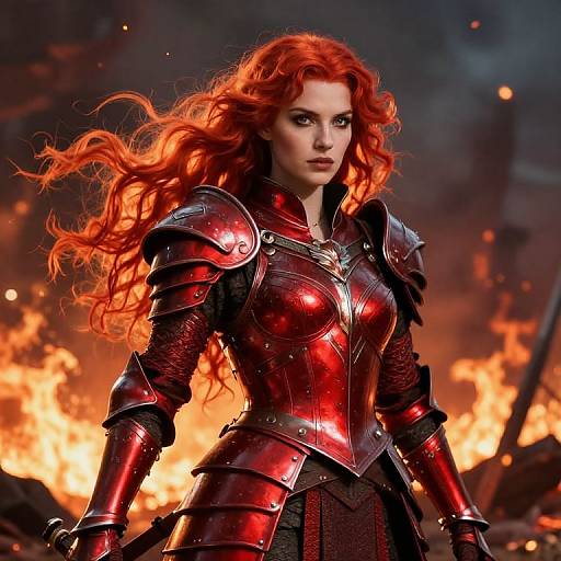 Digital art of a fierce red-haired woman in shiny red armor, standing amidst a blazing inferno, with intense expression.
