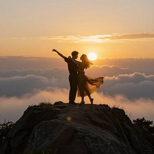 Silhouetted couple on rocky peak, sunset behind, woman's hair flowing, man's arm raised, clouds below, golden-orange sky. Romantic
