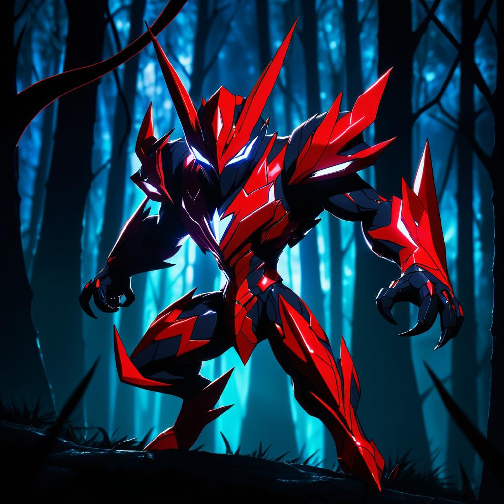 Scizor in a Dark Forest at Night