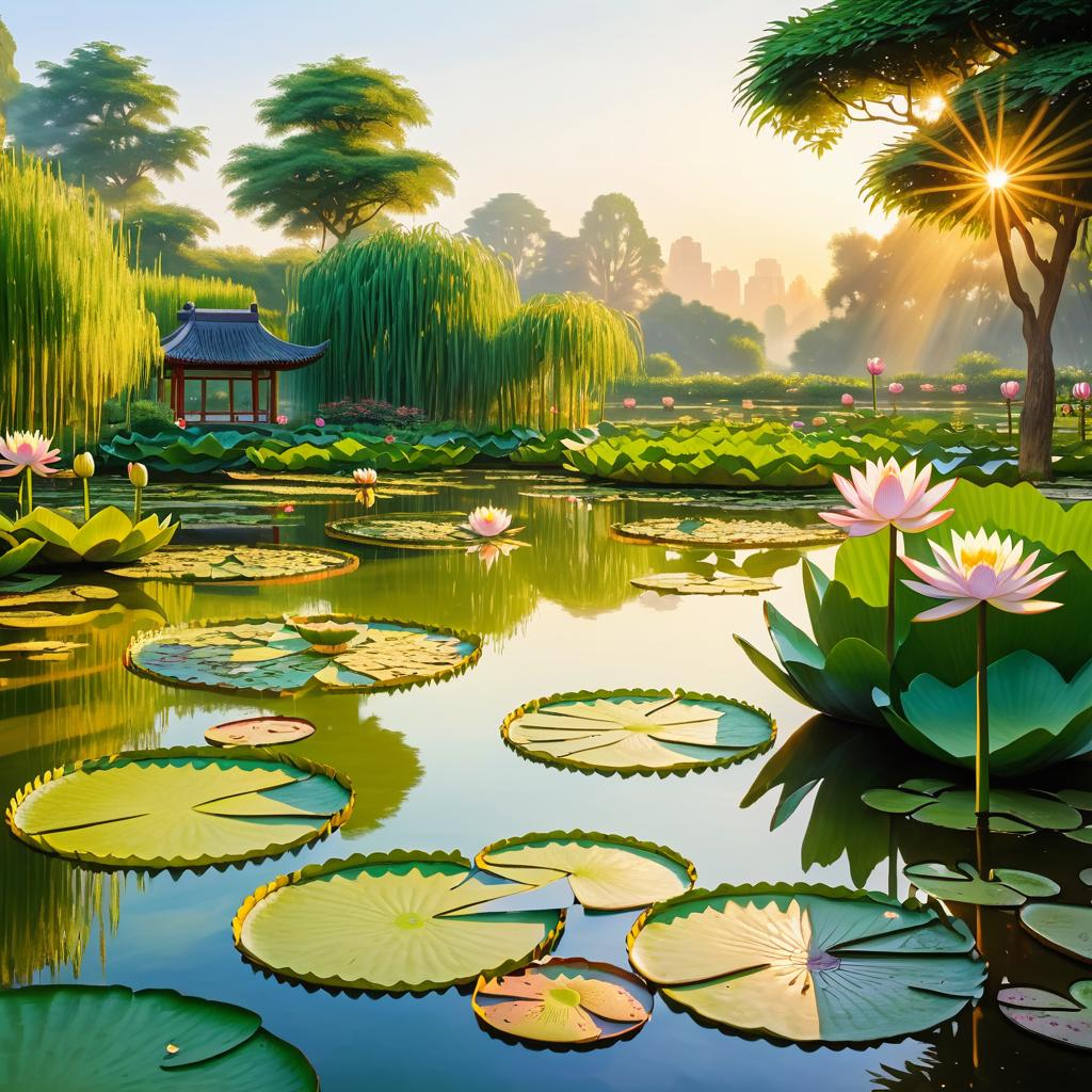 Sunset Water Lily Pond in Vibrant Garden