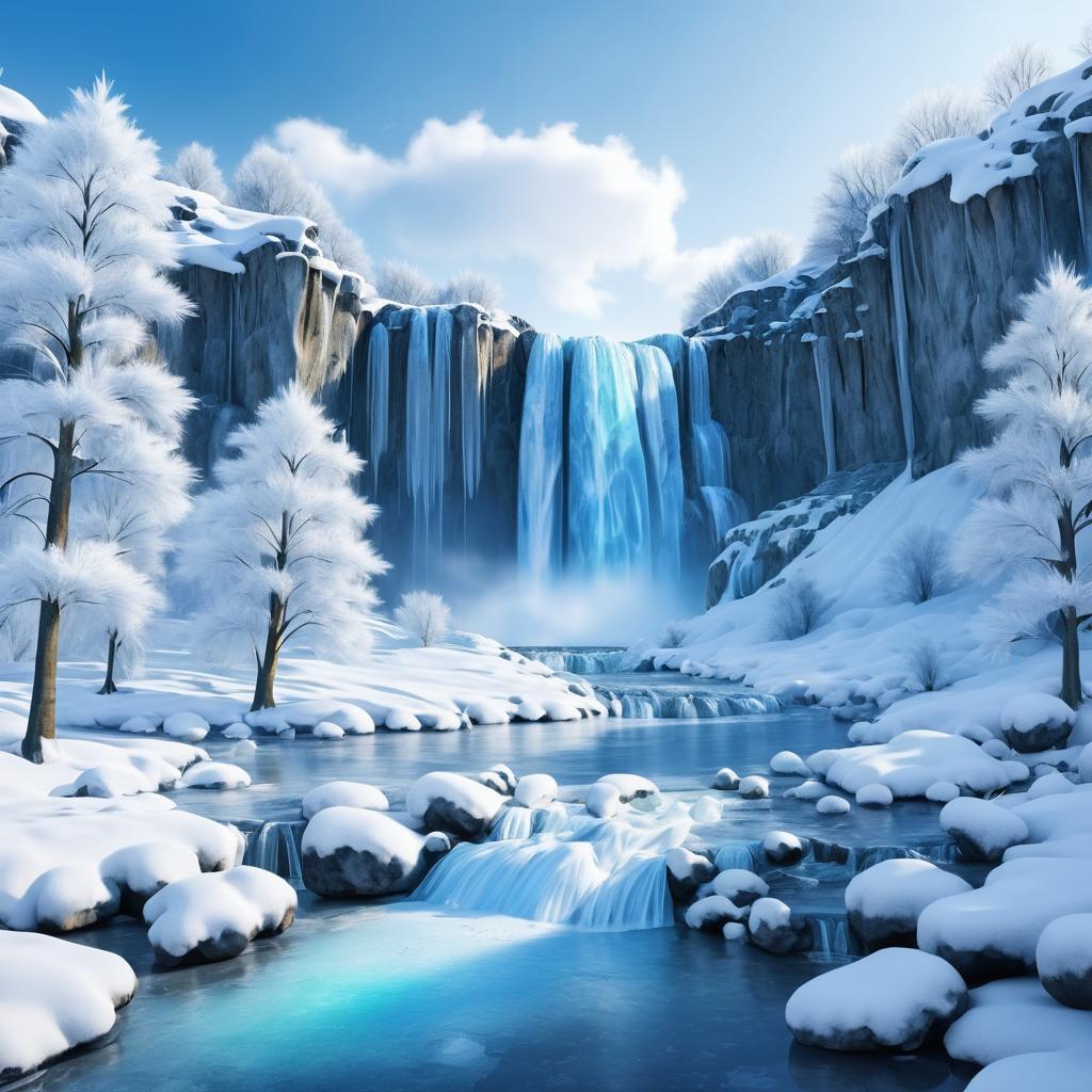 Frozen Waterfall in Majestic Winter Landscape