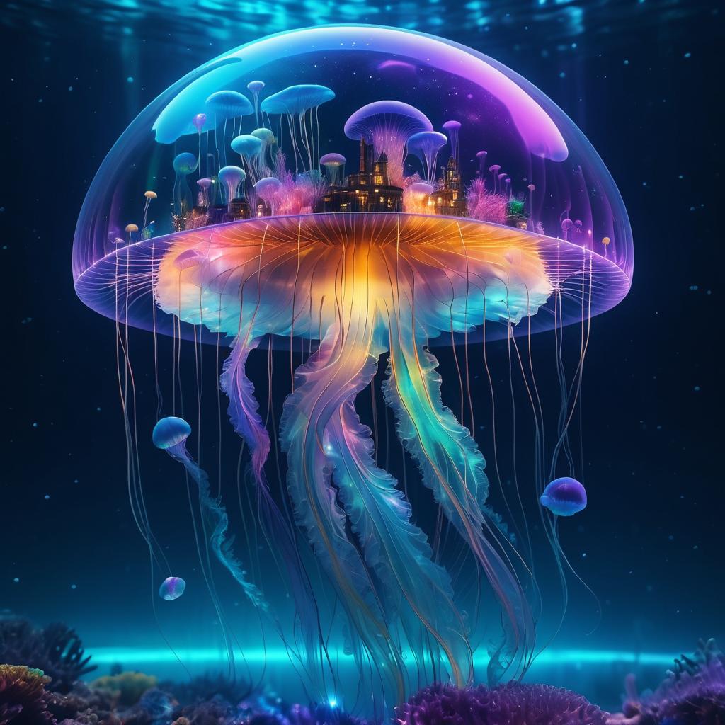 Cosmic Jellyfish in Iridescent Underwater City