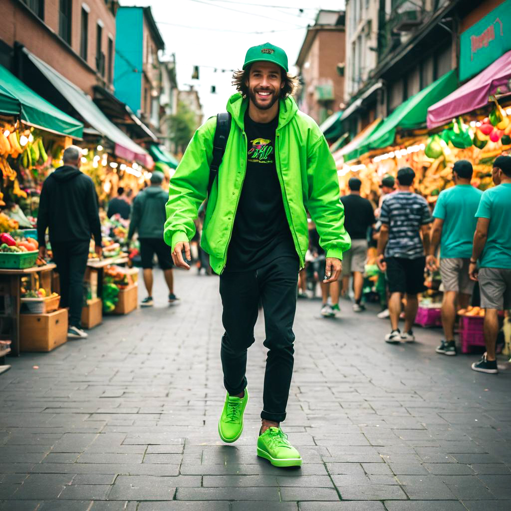 Skateboarder in Neon Sneakers at Market