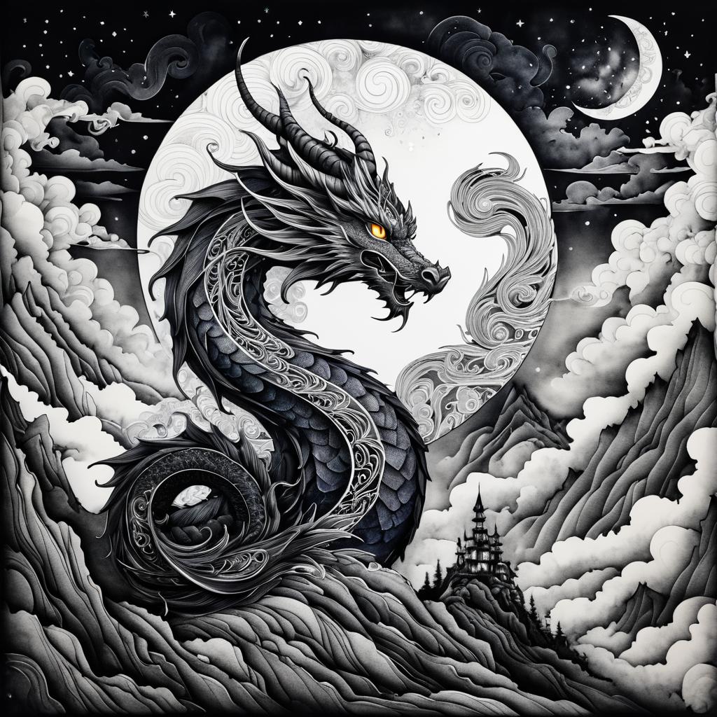 Mystical Dragon on Mountain with Moonlight