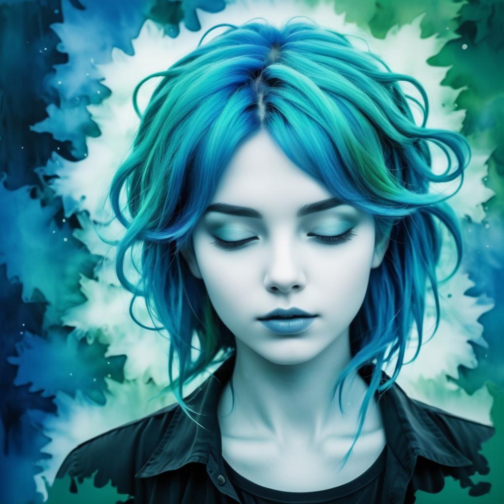 Green Haired Girl in Monochrome Blue