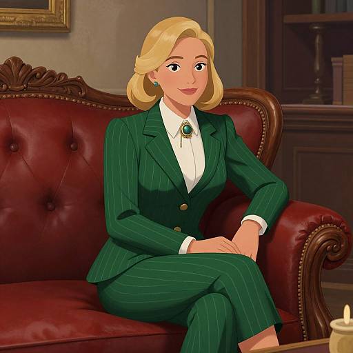 Victorian Parlor Woman in Green Suit