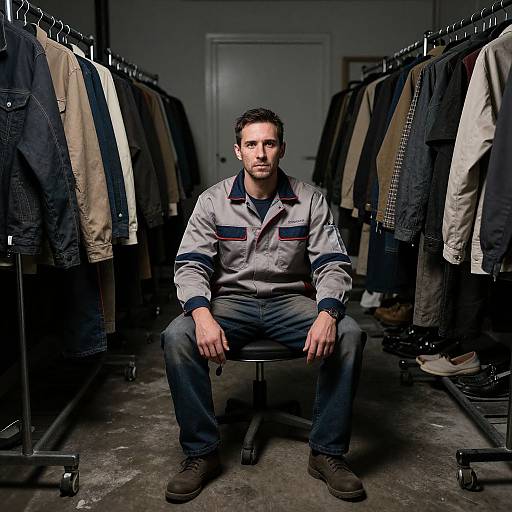 Man in Workshop Amid Clothing Racks