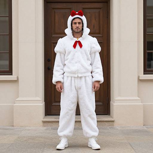 Photograph of a man in a white fluffy bunny costume with red bowtie and ears, standing in front of a wooden door.