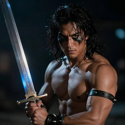 Muscular Warrior with Glowing Blue Sword