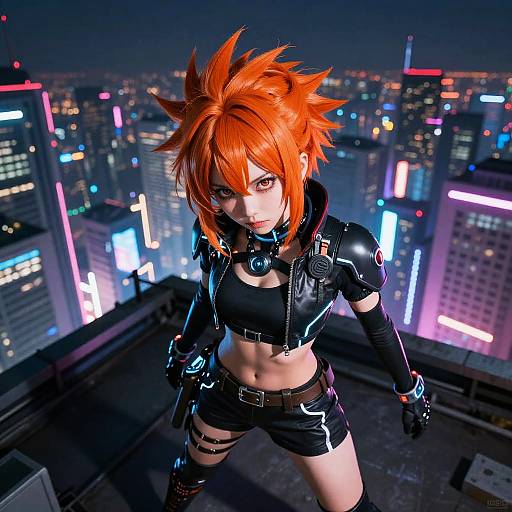 Cyberpunk Anime Girl on Rooftop