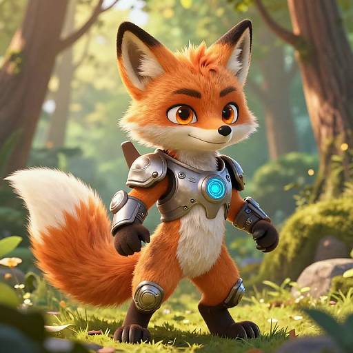 CGI image of a cute, armored, anthropomorphic fox with vibrant orange fur and a glowing blue orb on its chest, standing in a sunlit