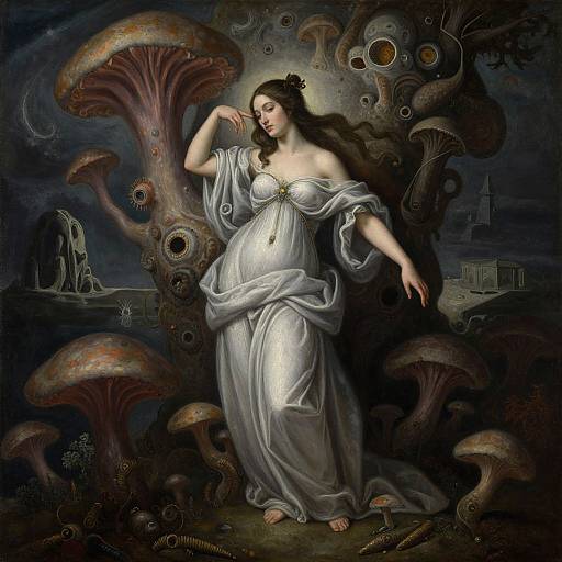 Digital painting of a pregnant woman in a flowing white gown, surrounded by giant, ornate mushrooms and mechanical gears in a dark, surreal landscape.