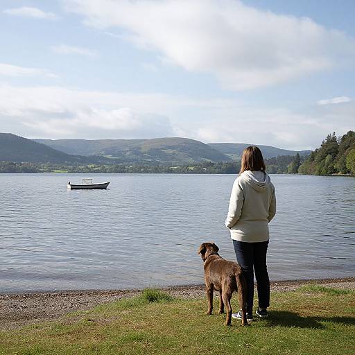 Photograph of a woman in a white hoodie and blue jeans standing on a grassy lakeshore with a brown dog, facing a calm lake with