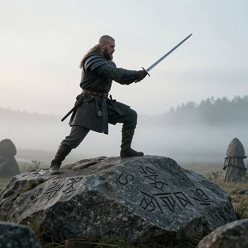 Bearded Viking warrior with long hair, dressed in dark armor, holds sword, standing on rock with runes, misty forest background. Photorealistic