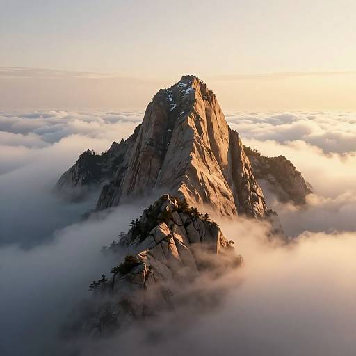 Photograph of a rugged, sunlit mountain peak surrounded by swirling, golden-hued clouds at sunrise, creating a serene, ethereal atmosphere.