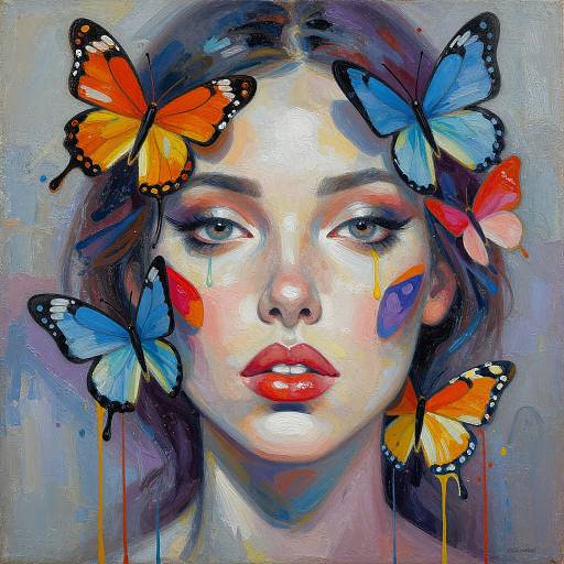 Digital painting of a fair-skinned woman with red lips, surrounded by vibrant orange, blue, and red butterflies on a textured gray background. Her intense