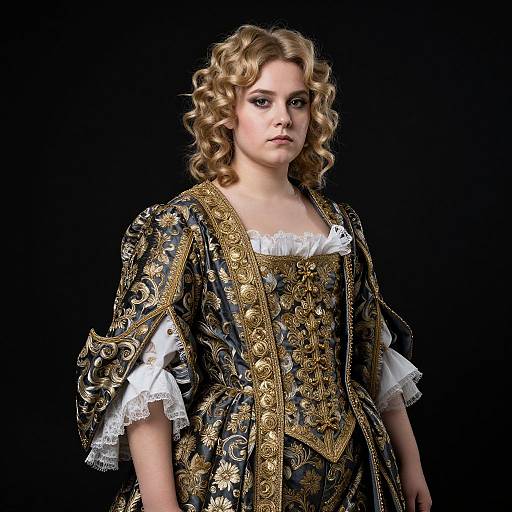 Photograph of a young woman with curly blonde hair, wearing an elaborate 17th-century-style black and gold embroidered dress with white lace, standing against