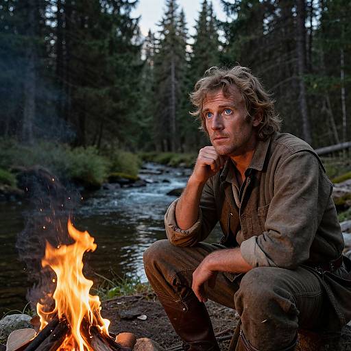 Photograph of a rugged, blonde-haired man in worn clothes, crouching by a campfire by a forest stream at dusk.