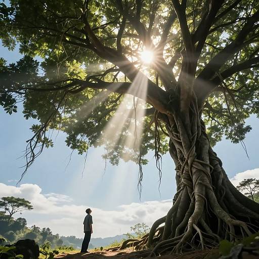 Silhouetted person stands beneath a massive, sunlit tree with sprawling roots, sunlight beams filtering through lush green leaves. Photorealistic digital art