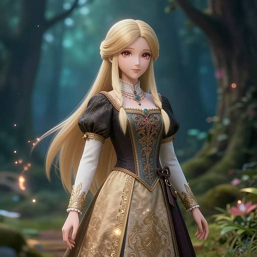 Digital artwork of a beautiful, blonde anime-style princess with long hair, wearing an ornate black and gold dress, standing in a mystical forest.