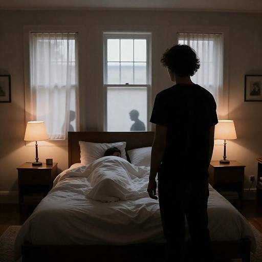 Mysterious Bedroom with Silhouetted Figures