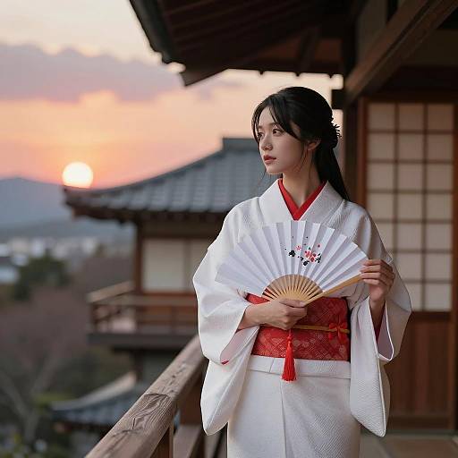 Japanese Woman in Traditional Miko Outfit at Sunset