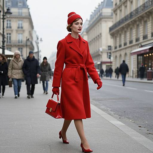 Photograph of a stylish woman in a vibrant red coat, matching hat, gloves, and shoes, walking confidently on a Parisian street.