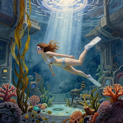 Cyberpunk Woman Diving in Alien Aquarium