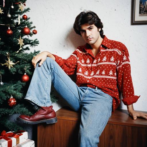 Man in Red Vintage Shirt Sitting by Christmas Tree