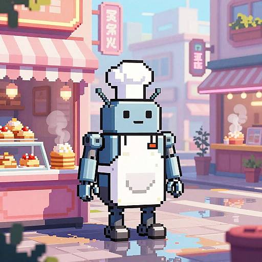 Pixel Anime Android Baker in Neon Shop