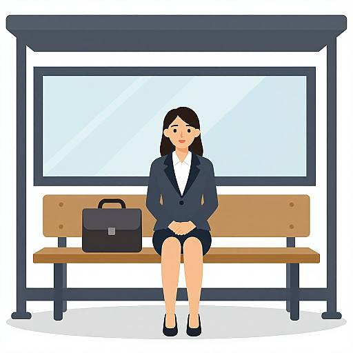 Digital illustration of a woman with black hair, wearing a navy blazer and skirt, sitting on a wooden bench at a bus stop, with a black