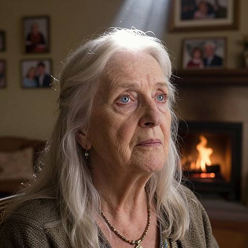 Photograph of an elderly woman with long white hair, blue eyes, and wrinkled skin, gazing upward, lit by a spotlight. Background features
