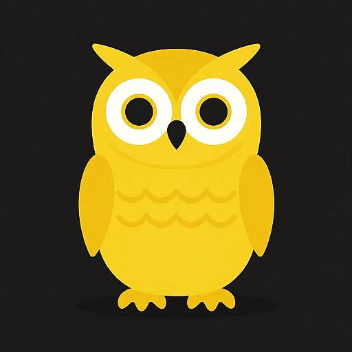 Bright yellow cartoon owl with large white eyes and small black beak, standing on dark blue background, simple and stylized design.