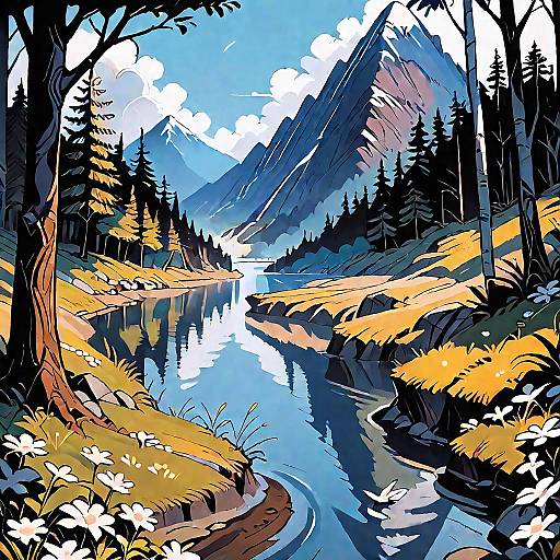 Stylized Mountain River Landscape