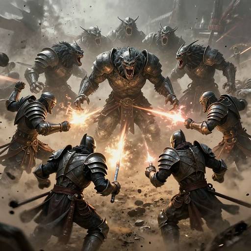 Digital art of armored warriors with glowing swords clashing against snarling, monstrous wolves in a dusty, chaotic battlefield. Flames and debris fill the intense