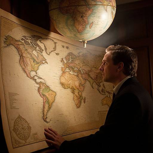 Man Contemplating Antique World Map