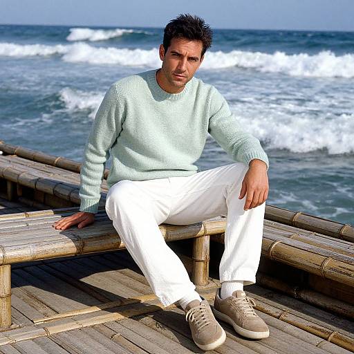 Photograph of a man with short black hair, wearing a light blue sweater, white pants, and beige shoes, sitting on a bamboo bench by the