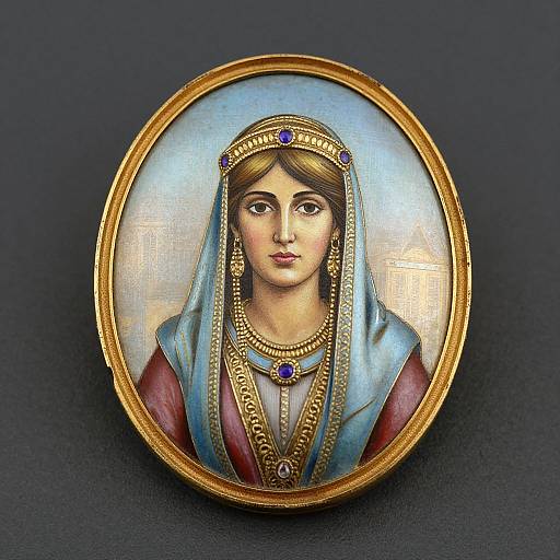 Painted oval portrait of a regal woman in traditional attire, adorned with gold jewelry and a blue veil, set in a golden frame. Dark background