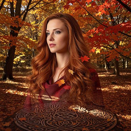 Photograph of a red-haired woman with wavy hair, wearing a patterned brown top, standing in a sunlit autumn forest with vibrant red and