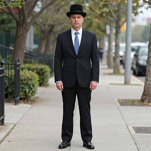 Photograph of a serious-looking man in a black suit, white shirt, blue tie, and black bowler hat standing on a suburban sidewalk.
