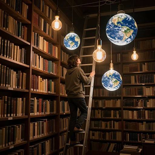 Photograph of a person in a brown hoodie climbing a ladder in a dimly lit library, surrounded by bookshelves and hanging glowing Earth and light