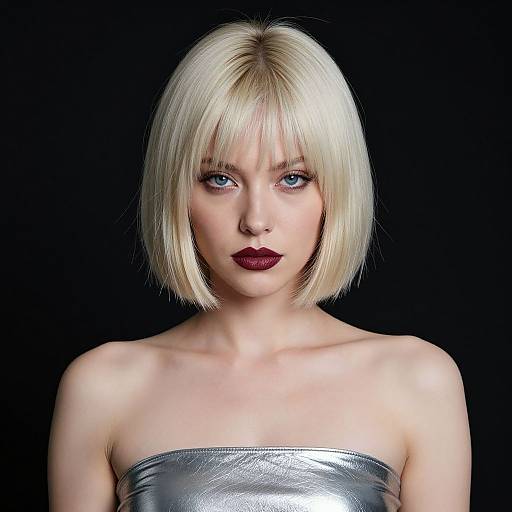 Photograph of a blonde woman with a bob haircut, blue eyes, dark red lipstick, wearing a metallic silver strapless top, against a black background