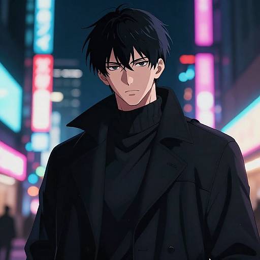 Anime-style digital drawing of a serious, black-haired man in a black coat, standing in a neon-lit city street at night.