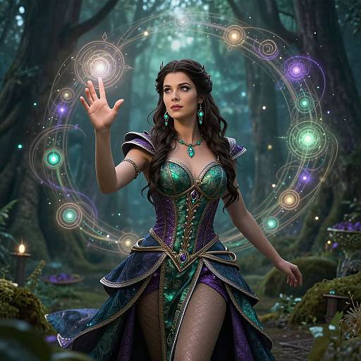 Digital fantasy artwork of a dark-haired, fair-skinned woman in an emerald-green, gold-accented magical gown, casting a spell in a