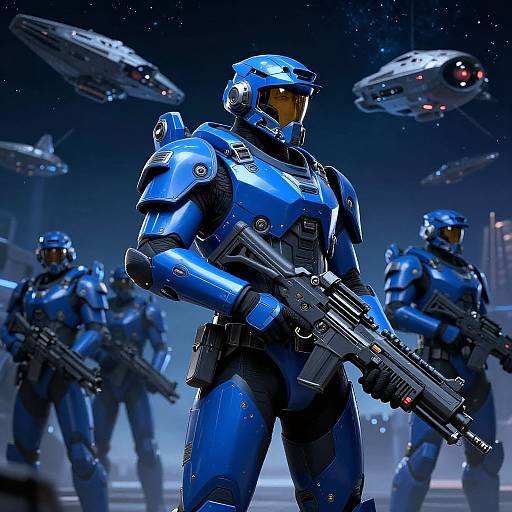 Digital artwork of blue-clad, futuristic space soldiers with rifles, standing in a starry night with hovering alien spacecraft in the background.