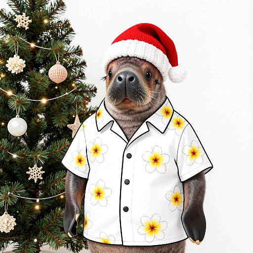 Photograph of a seal wearing a red Santa hat and yellow-floral shirt, standing in front of a decorated Christmas tree.