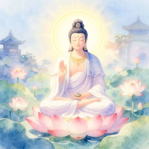 Watercolor painting of a serene Buddha meditating on a pink lotus, surrounded by blooming lotus flowers, with a soft, glowing aura.
