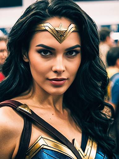 Photograph of Gal Gadot as Wonder Woman, with long black hair, gold tiara, blue and gold costume, intense gaze, blurred background.