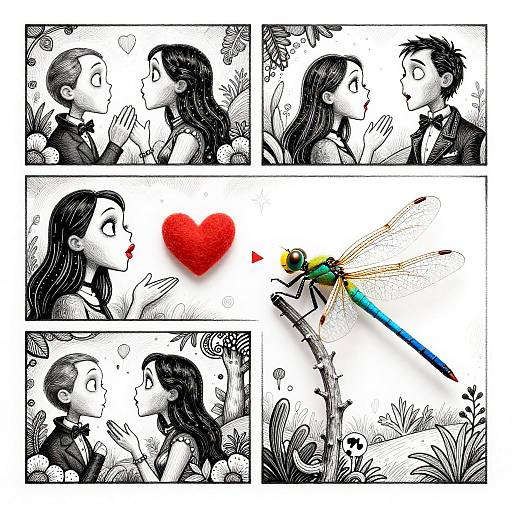 Tim Burton Style Comic with Dragonfly and Love Theme