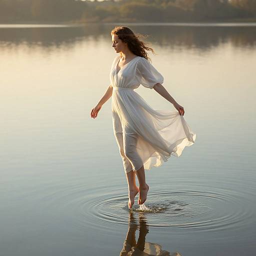 Photograph of a woman with long brown hair, wearing a flowing white dress, standing barefoot in a calm lake at sunrise, ripples forming around